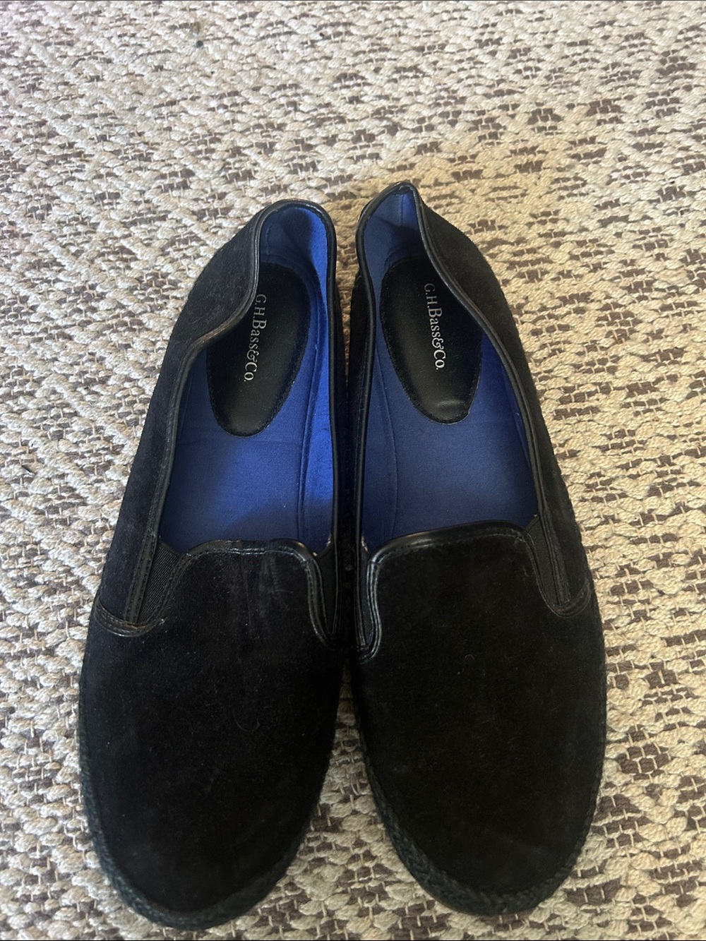G.H. Bass & Co. Black Suede Slip-On Loafers with Blue Insoles
